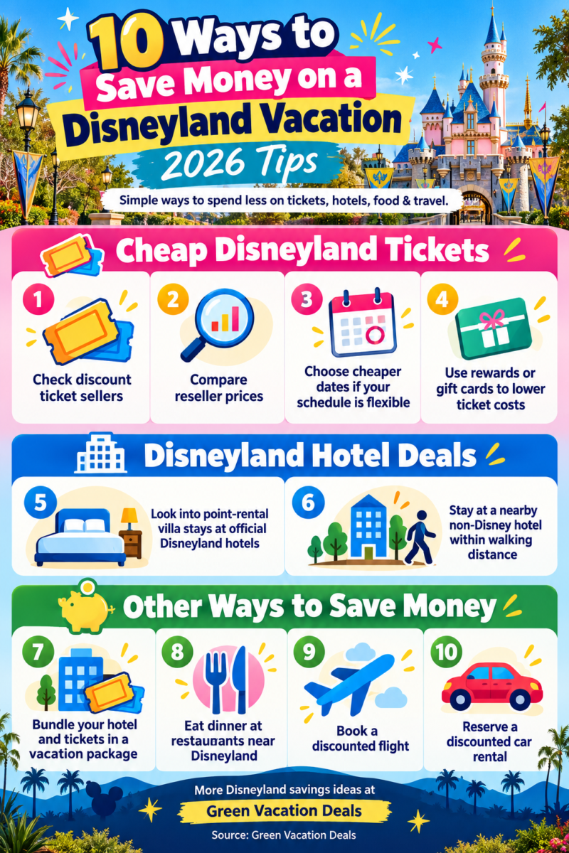 Infographic showing 10 ways to save money on a Disneyland vacation in 2026, including cheap Disneyland tickets, Disneyland hotel deals, vacation packages, dining, flights and car rentals.