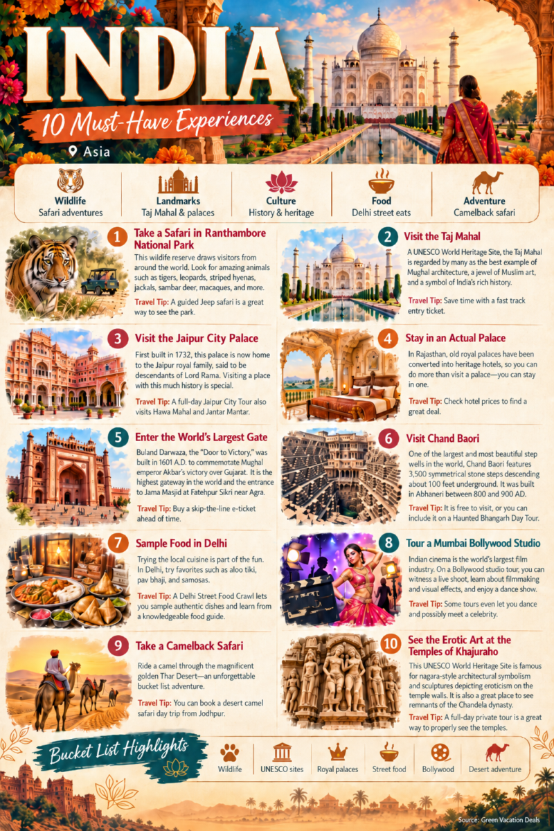 India travel bucket list infographic featuring 10 must-have experiences, including a Ranthambore safari, the Taj Mahal, Jaipur, Delhi food, Bollywood, and a Thar Desert camel safari.