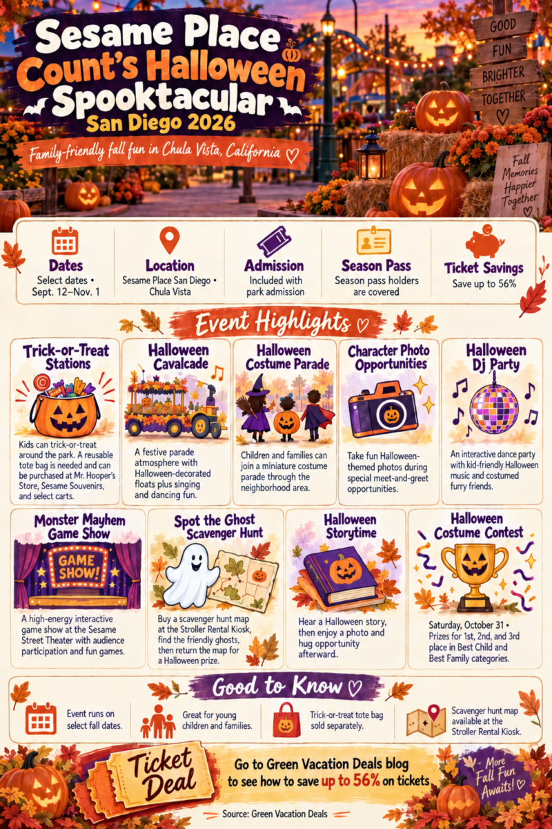 Sesame Place San Diego Count’s Halloween Spooktacular 2026 infographic with dates, trick-or-treating, parades, Halloween activities and ticket savings up to 56%.