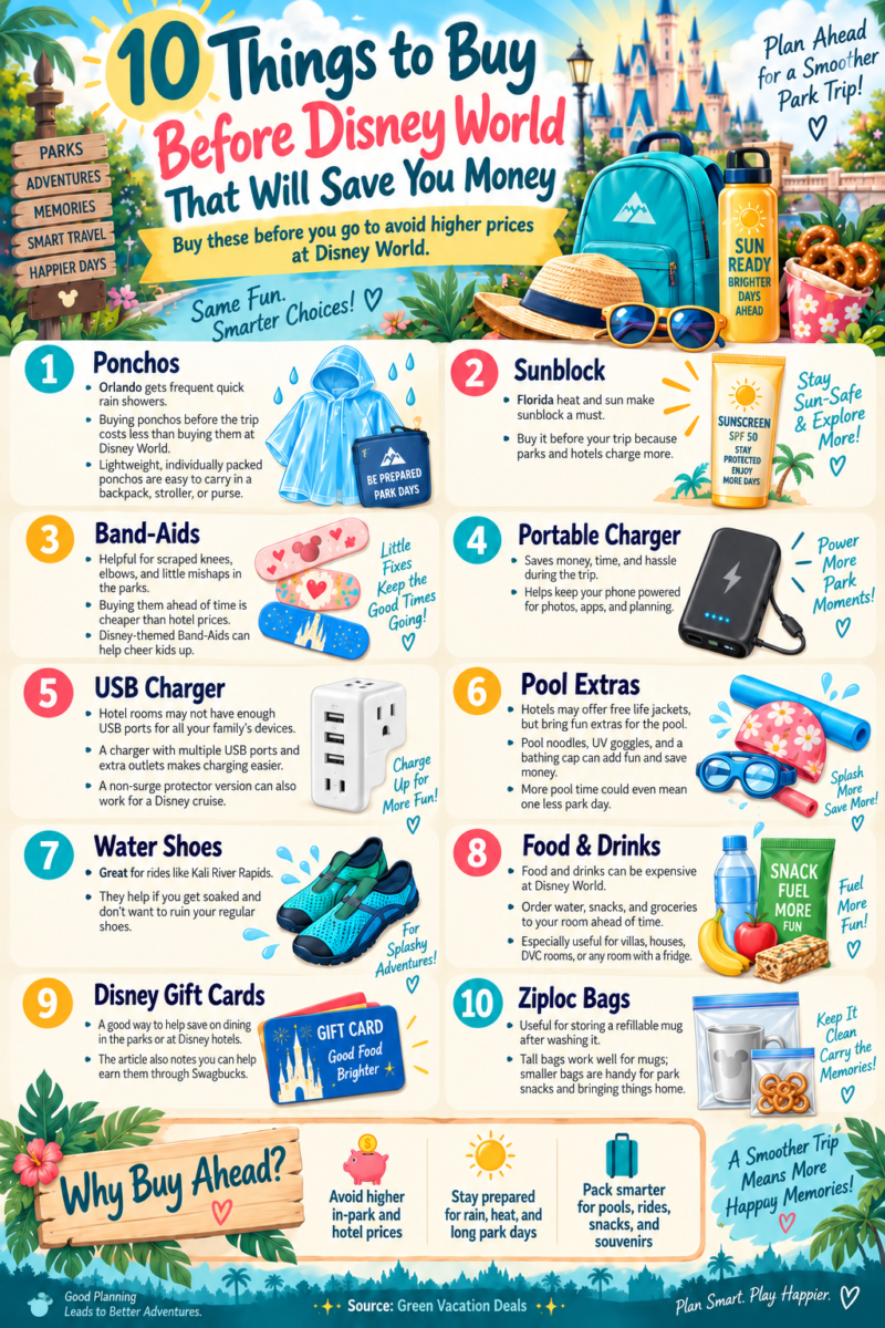 Disney World savings infographic showing 10 things to buy before your trip, including ponchos, sunblock, chargers, water shoes, snacks and gift cards.