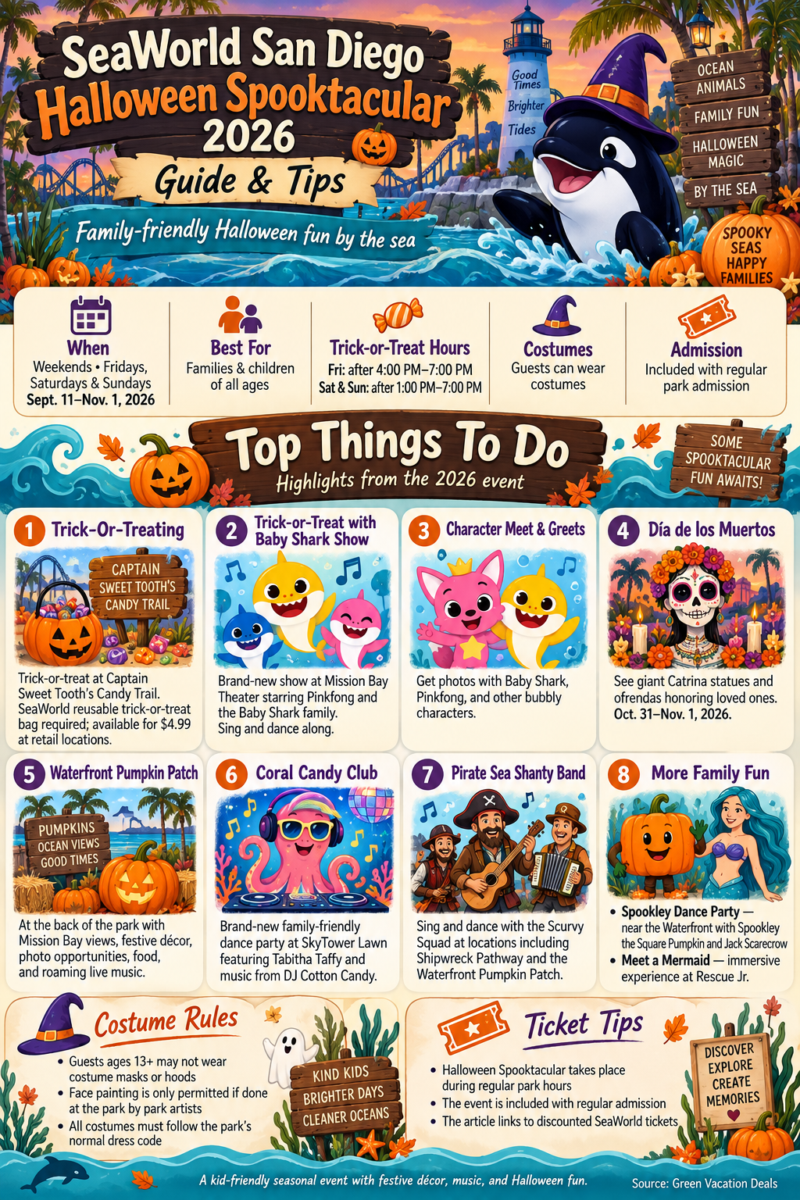 SeaWorld San Diego Halloween Spooktacular 2026 infographic featuring event dates, trick-or-treat hours, Baby Shark show, Día de los Muertos, family activities, costume rules, and ticket tips.