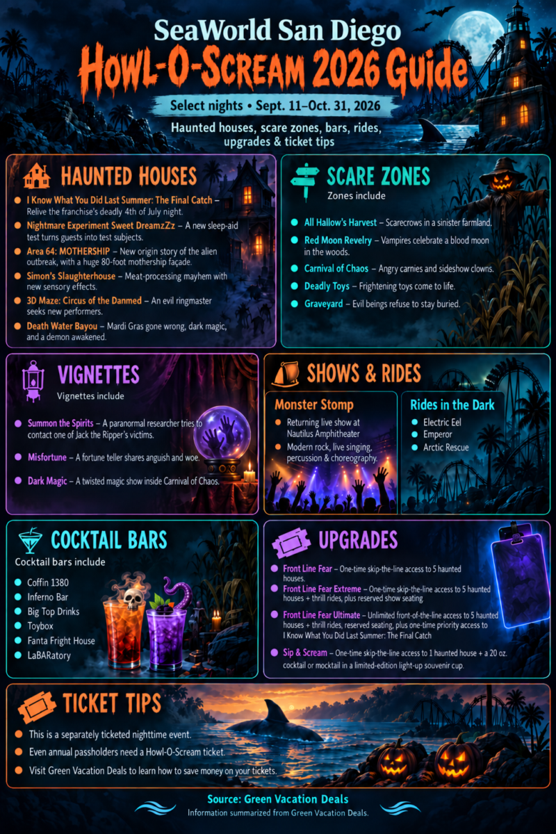 SeaWorld San Diego Howl-O-Scream 2026 infographic featuring September 11–October 31 event dates, haunted houses, scare zones, vignettes, Monster Stomp, rides, cocktail bars, upgrades and ticket-saving tips from Green Vacation Deals.