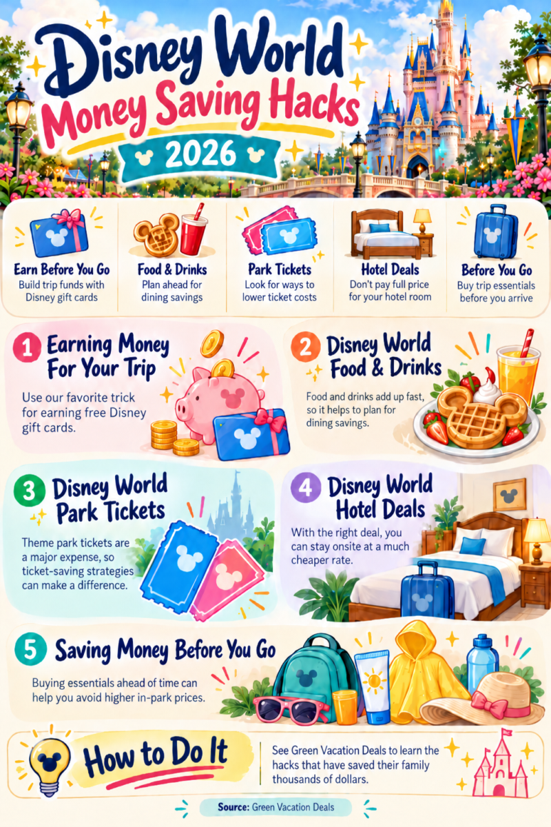 Colorful 2026 Disney World money-saving hacks infographic from Green Vacation Deals highlighting ways to earn free Disney gift cards, save on food and drinks, find theme park ticket and onsite hotel deals, and save money before your trip.