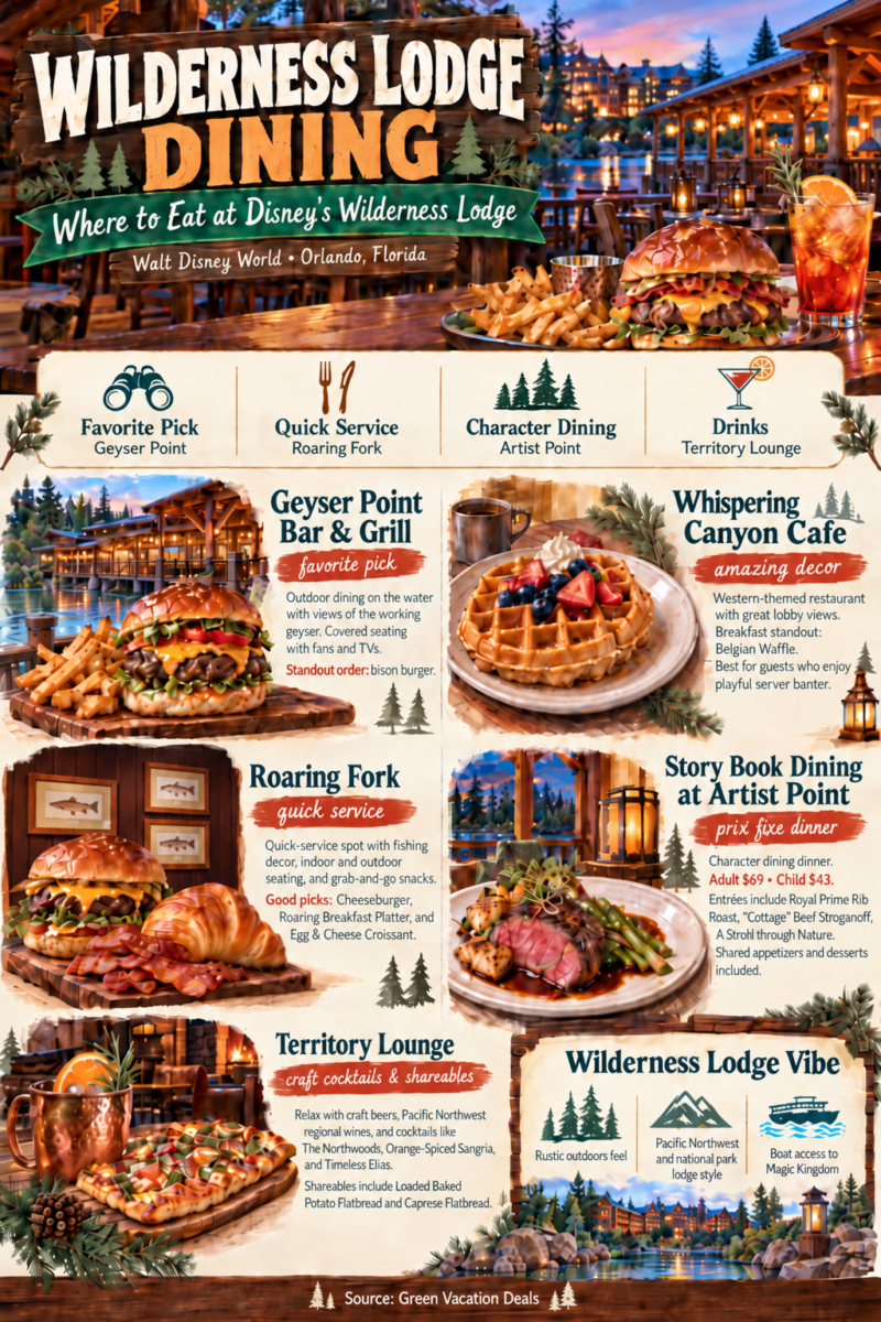Disney Wilderness Lodge dining infographic featuring Geyser Point Bar & Grill, Whispering Canyon Cafe, Roaring Fork, Artist Point and Territory Lounge, with restaurant highlights, food recommendations and Wilderness Lodge dining tips.